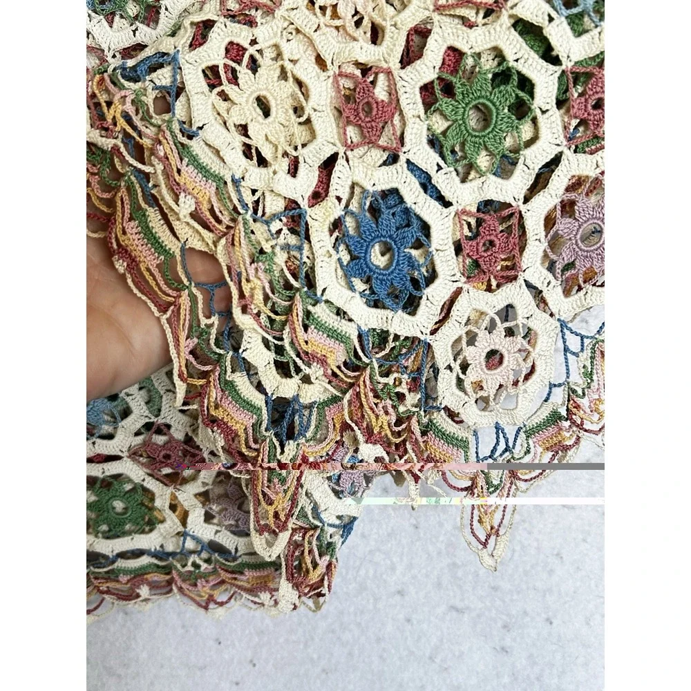 VTG Hand Crocheted Floral Heirloom Tablecloth Colorful & Ecru 60x60